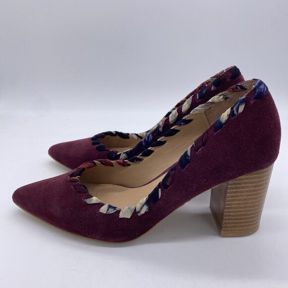 Anthropologie Pointed Toe Pumps 8M Whipstitch Braided Wood Block Heel Suede Wine - Picture 9 of 14